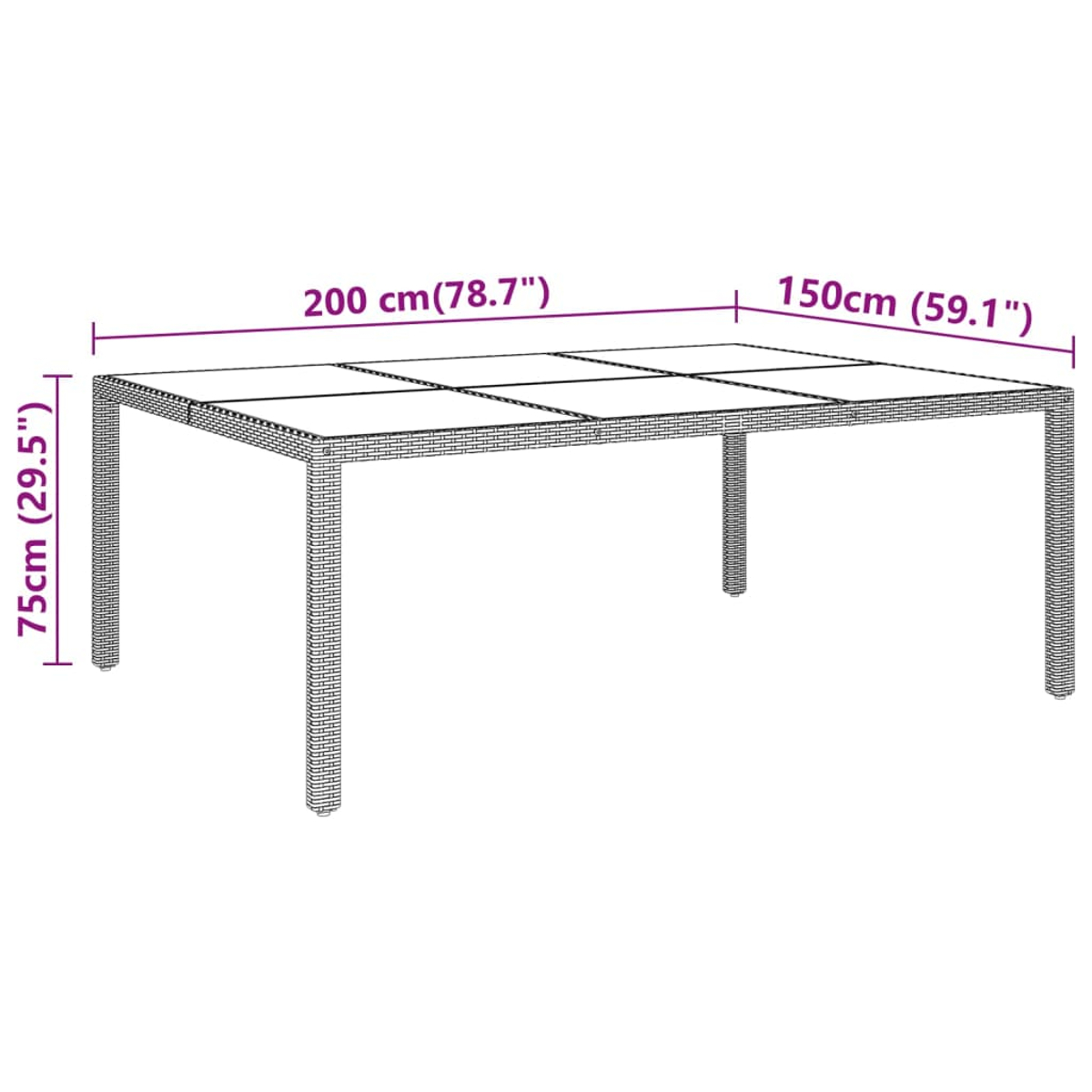 Ein rechteckiger Tisch mit den Maßen: 200 cm (78,7") lang, 150 cm (59,1") breit und 75 cm (29,5") hoch.