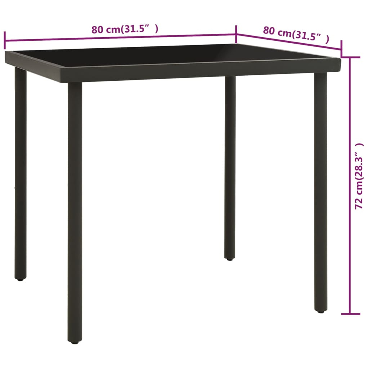 Ein schwarzer quadratischer Tisch mit vier Beinen wird gezeigt, mit den angegebenen Abmessungen 80 cm x 80 cm x 72 cm.