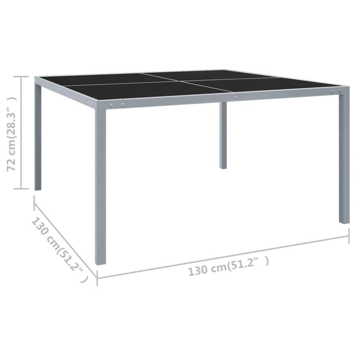 Ein quadratischer Tisch mit schwarzer Tischplatte und grauen Beinen. Abmessungen sind beschriftet: 72 cm Höhe, 130 cm Breite und Länge.