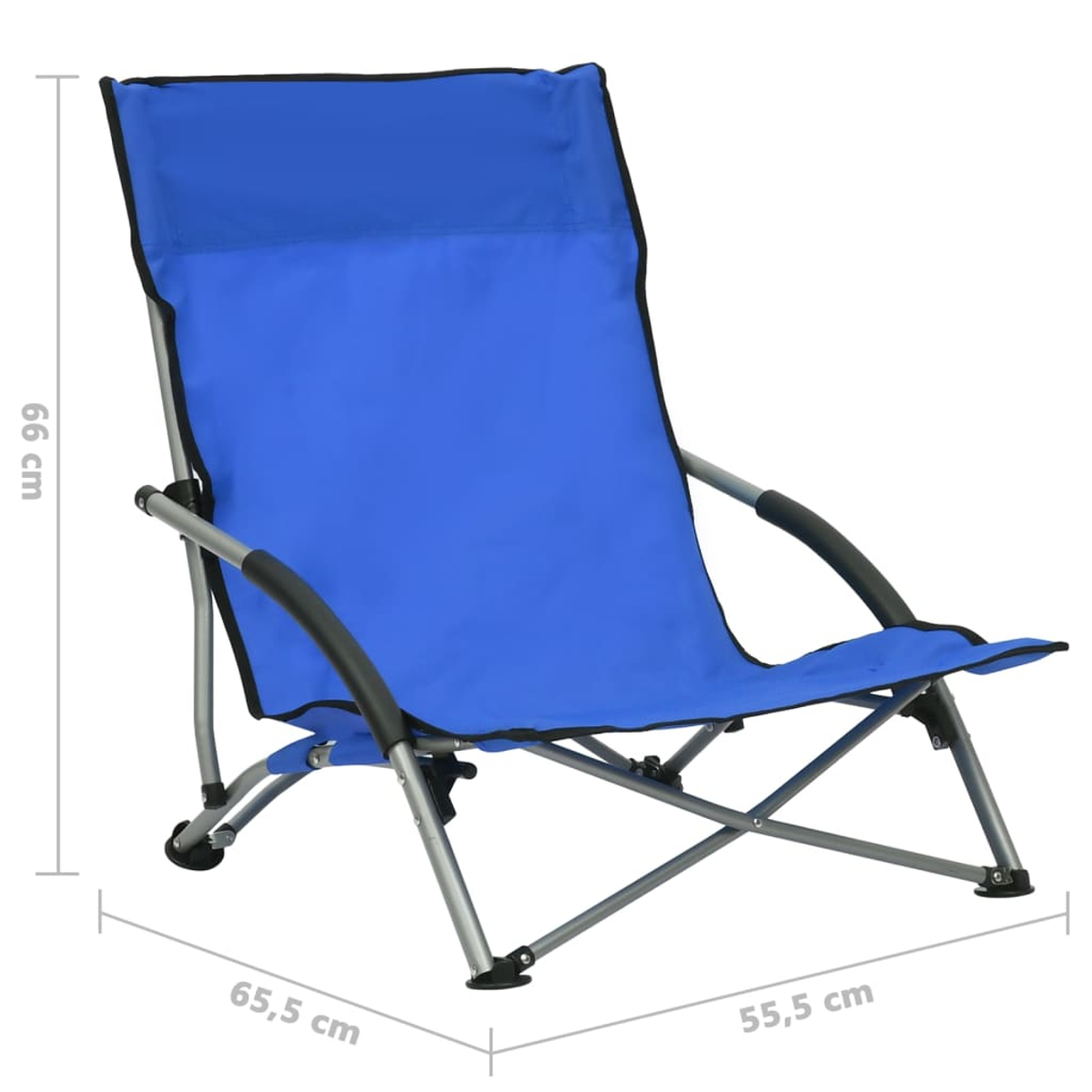 Ein blauer Strandstuhl mit schwarzen Akzenten, Metallrahmen und den Maßen: 66 cm hoch, 65,5 cm breit und 55,5 cm tief.