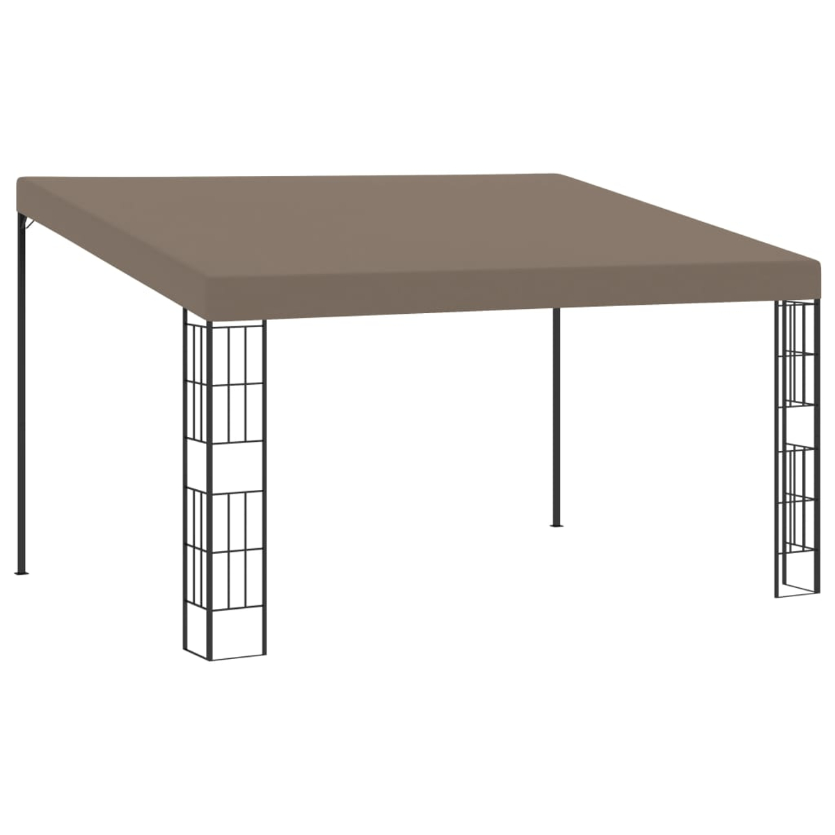 Ein Pavillon mit taupefarbenem Dach und schwarzem Metallrahmen. Der Rahmen hat dekorative vertikale Stäbe.