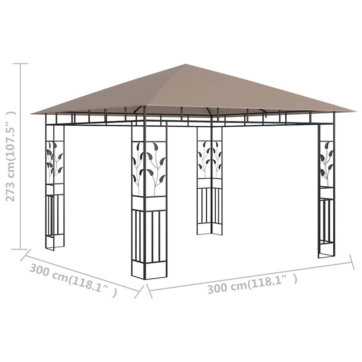 Ein beigefarbener Pavillon mit einem schwarzen Metallrahmen. Er hat ein quadratisches Vordach und dekorative Blattmuster auf den Säulen. Maße sind angegeben.