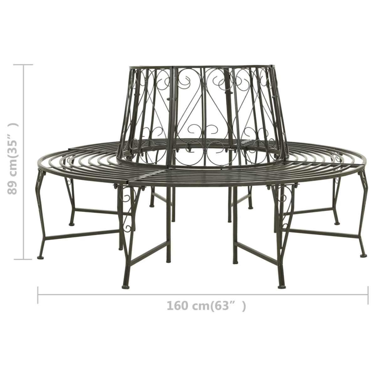 Ein dunkler Metall-Baumsitz. Er hat eine runde Bank und eine dekorative Rückenlehne. Abmessungen: 160 cm breit, 89 cm hoch.