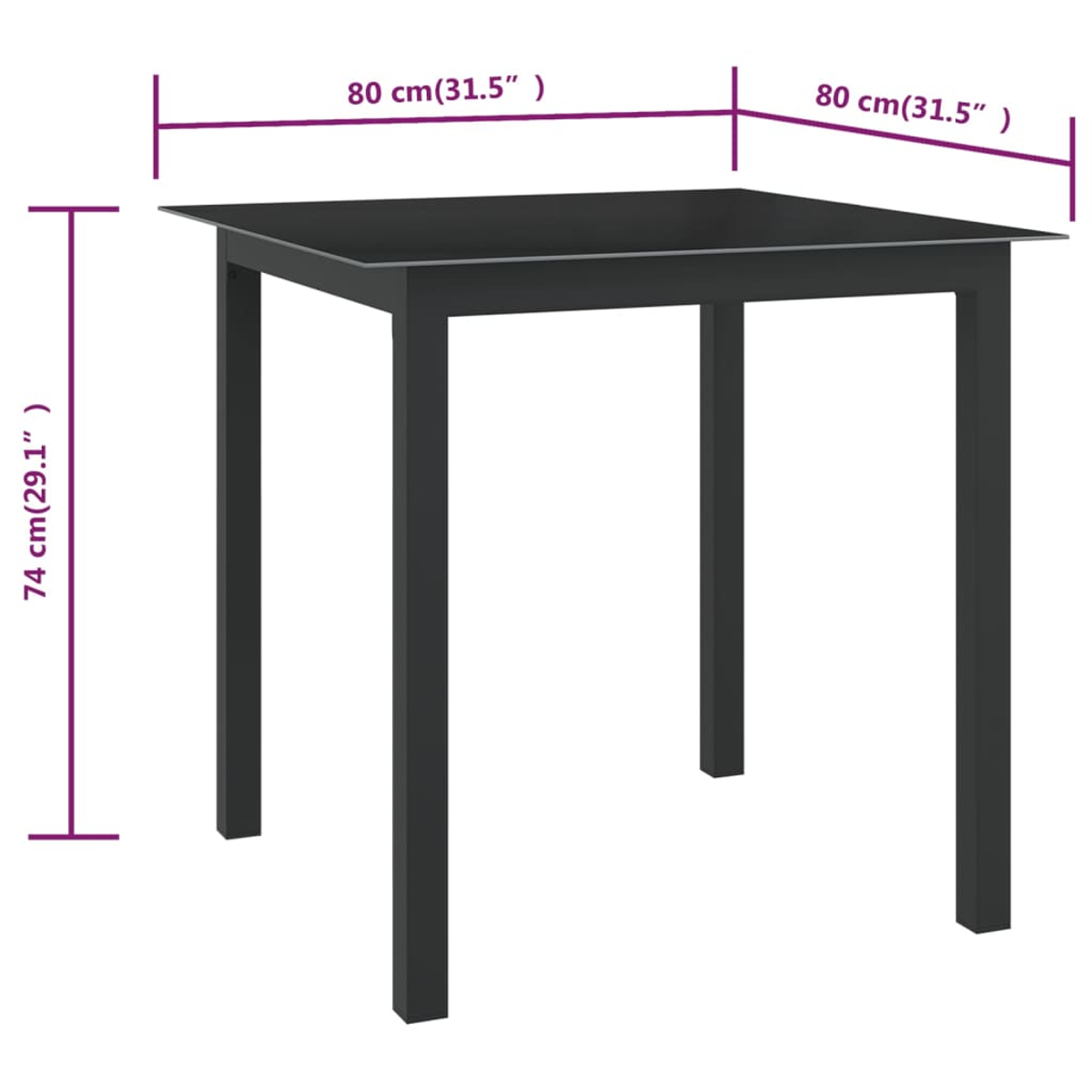 Ein quadratischer, schwarzer Tisch mit vier Beinen, Maße: 80 cm x 80 cm, Höhe 74 cm. Der Tisch steht auf weißem Grund.