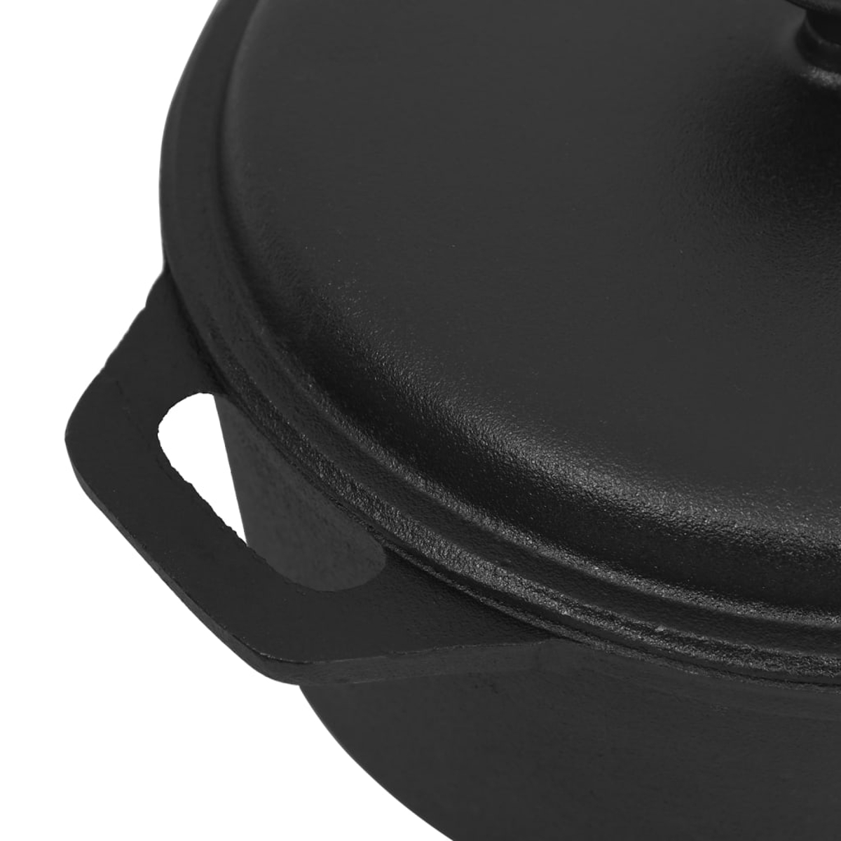 Primer plano de una olla de hierro fundido negro con tapa. Un asa es visible en el lado izquierdo. La olla y la tapa tienen una superficie texturizada.