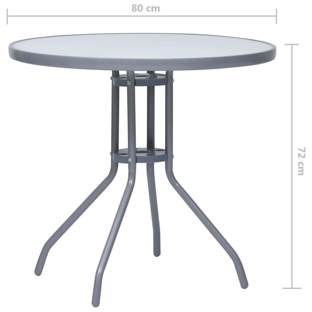 Ein runder, grauer Metall-Gartentisch. Er hat eine Glasplatte, drei Beine und ist 80 cm breit und 72 cm hoch.