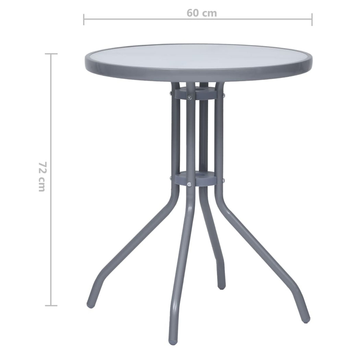 Ein kleiner, runder, grauer Tisch mit weißer Platte. Maße: 60 cm Durchmesser, 72 cm Höhe. Dreibeiniges Gestell.