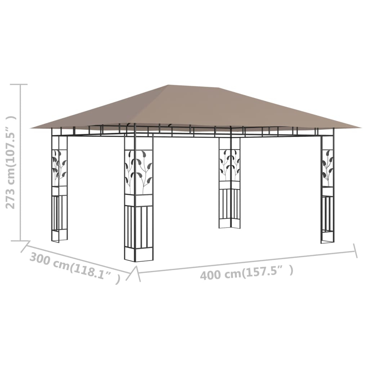 Ein beigefarbener Pavillon mit braunem Dach. Er hat schwarze Metallsäulen mit Blattmotiven, und die Abmessungen sind angegeben.