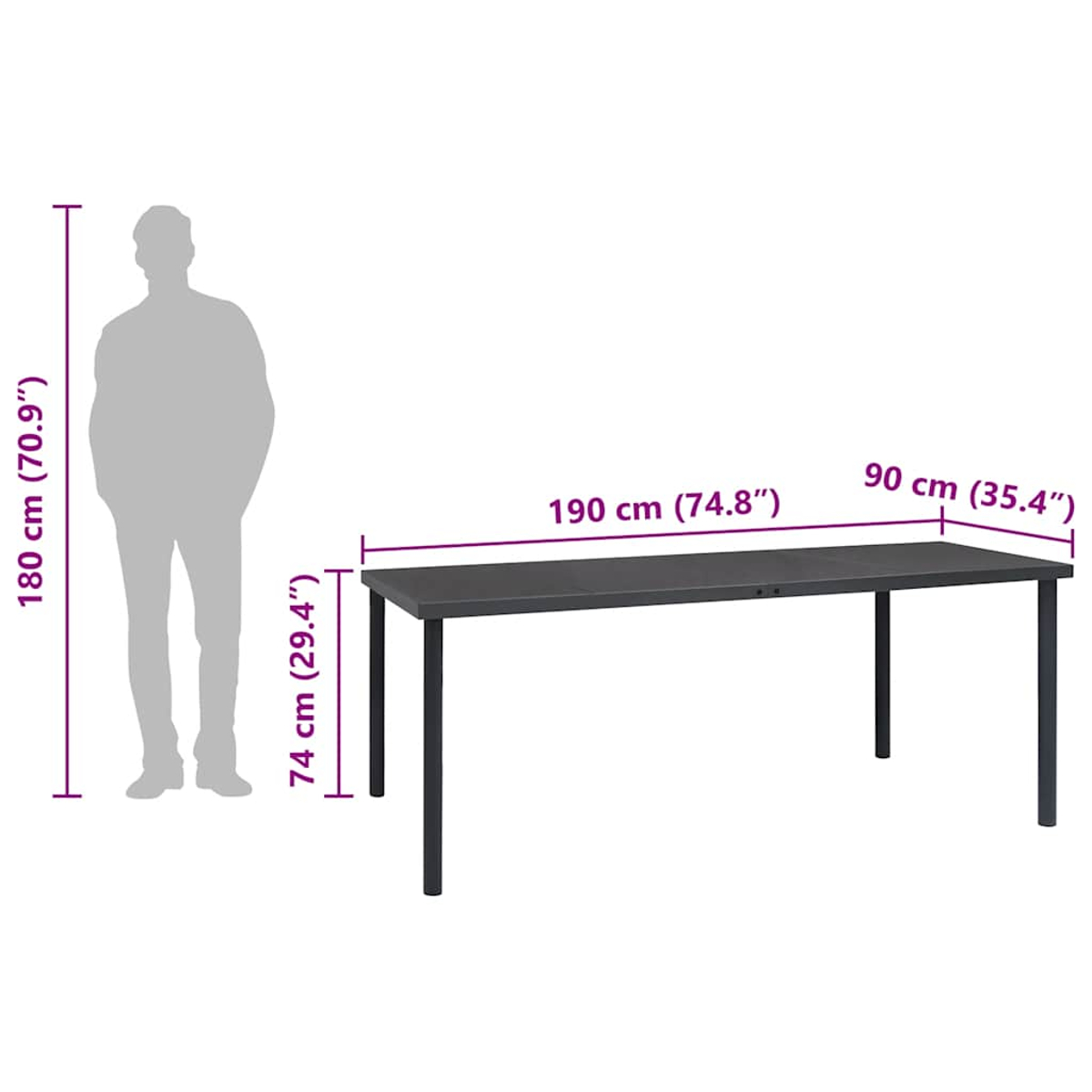 Eine Illustration einer Person neben einem Tisch. Der Tisch ist dunkelgrau und hat beschriftete Abmessungen. Die Körpergröße der Person ist ebenfalls beschriftet.