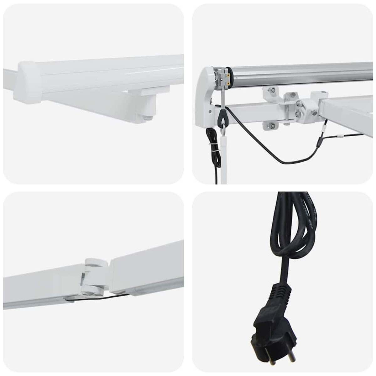Eine weiße medizinische Lampe mit Netzkabel. Details zeigen den Mechanismus, die Anschlüsse und einen Nahaufnahme des schwarzen Steckers.