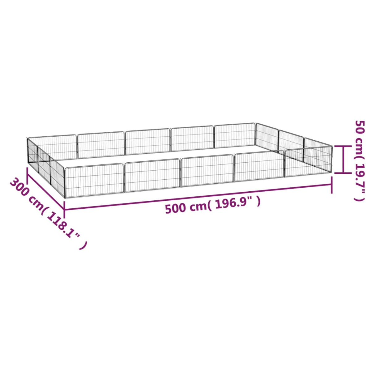 Ein rechteckiger Metall-Haustierkäfig mit den Maßen 500 cm x 300 cm x 50 cm. Der Käfig besteht aus Drahtgitterplatten.
