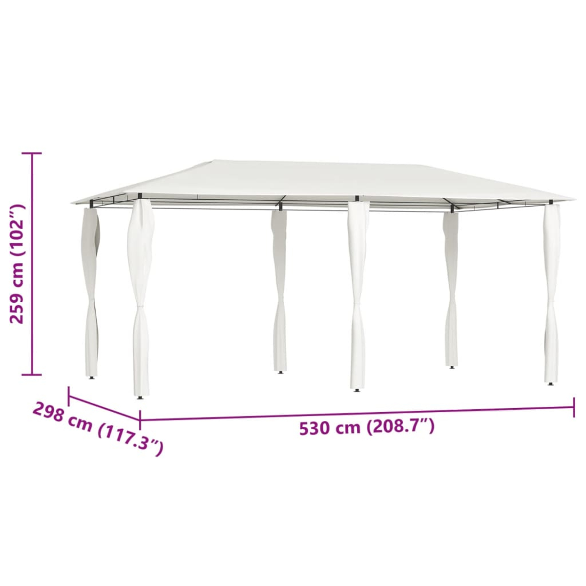 Ein weißer Pavillon mit Vorhängen. Abmessungen: 259 cm hoch, 298 cm breit und 530 cm lang. Schwarzer Rahmen.