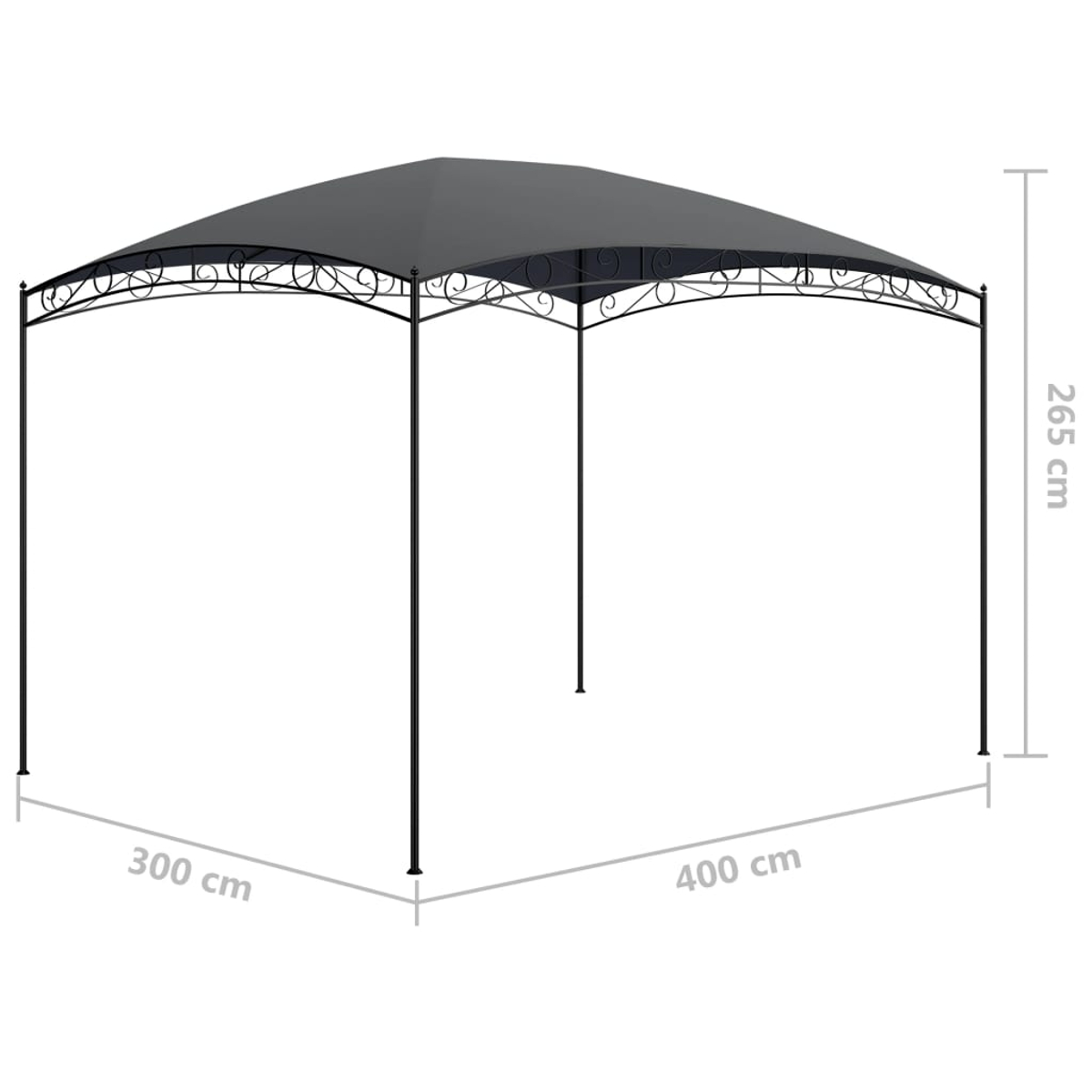 Grauer Metallpavillon mit Baldachin. Abmessungen sind 300cm x 400cm, Höhe 265cm. Weißer Hintergrund. Dekoratives Schnörkelwerk an den Kanten.