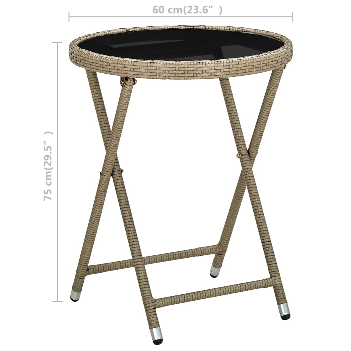 Ein kleiner, runder Gartentisch. Er hat eine dunkle Oberseite, einen gewebten Rand und zusammenklappbare Beine. Abmessungen sind angegeben.