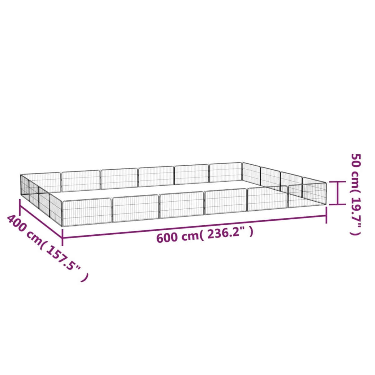 Ein rechteckiger, schwarzer Metall-Haustierzaun. Abmessungen sind beschriftet: 400 cm (157,5 Zoll), 600 cm (236,2 Zoll) und 50 cm (19,7 Zoll).