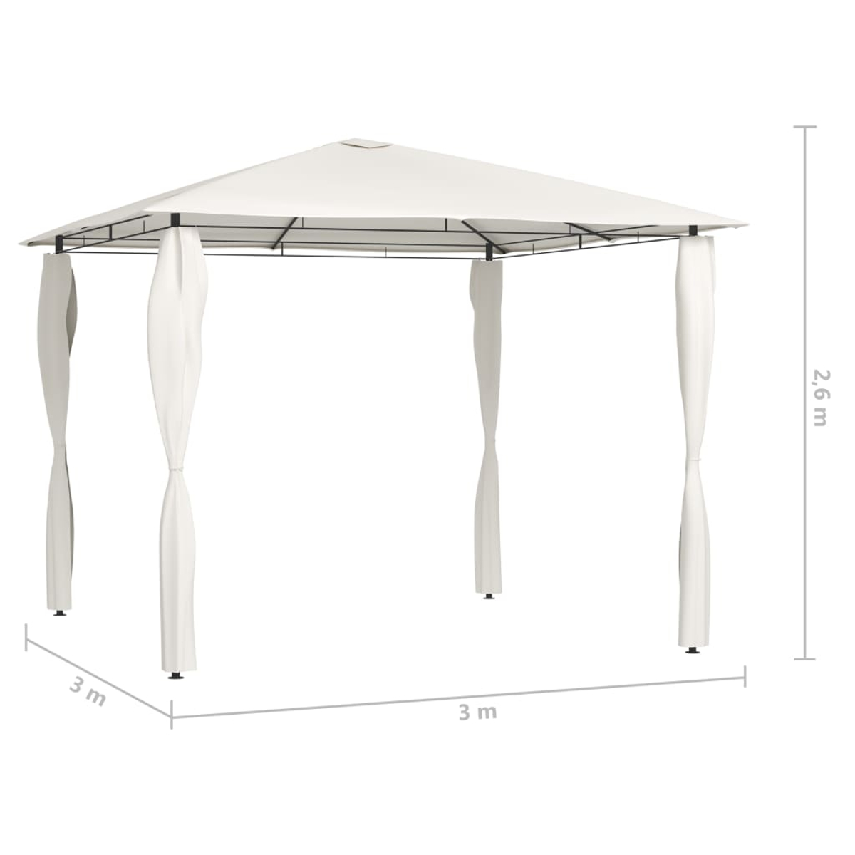 Ein weißer Pavillon mit Vorhängen. Er hat ein quadratisches Dach und vier Pfosten. Maße sind 3x3m und 2,6m hoch.