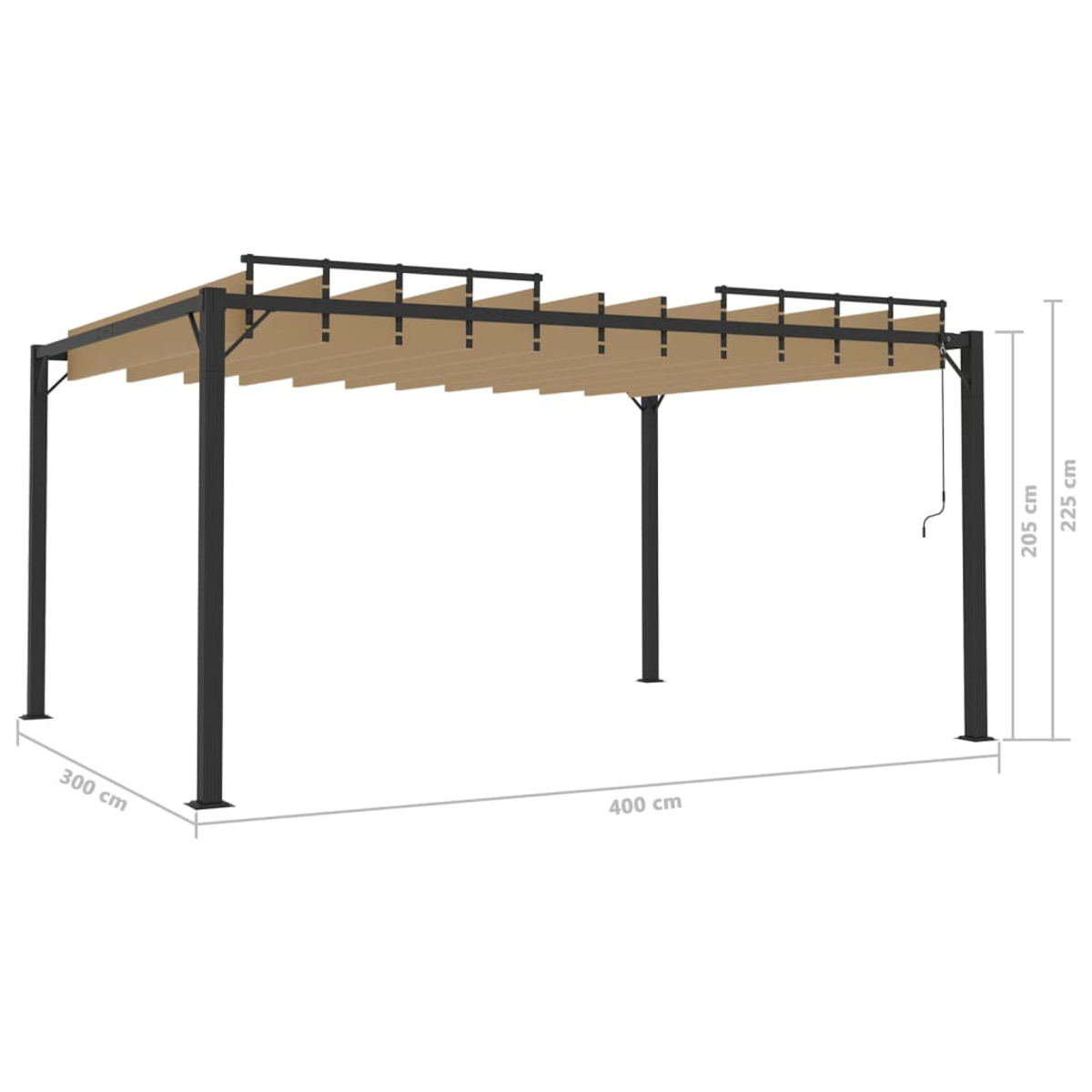 Eine beige Pergola mit schwarzem Rahmen. Abmessungen sind beschriftet: 300 cm, 400 cm, 205 cm und 225 cm. Die Pergola hat ein einziehbares Dach.