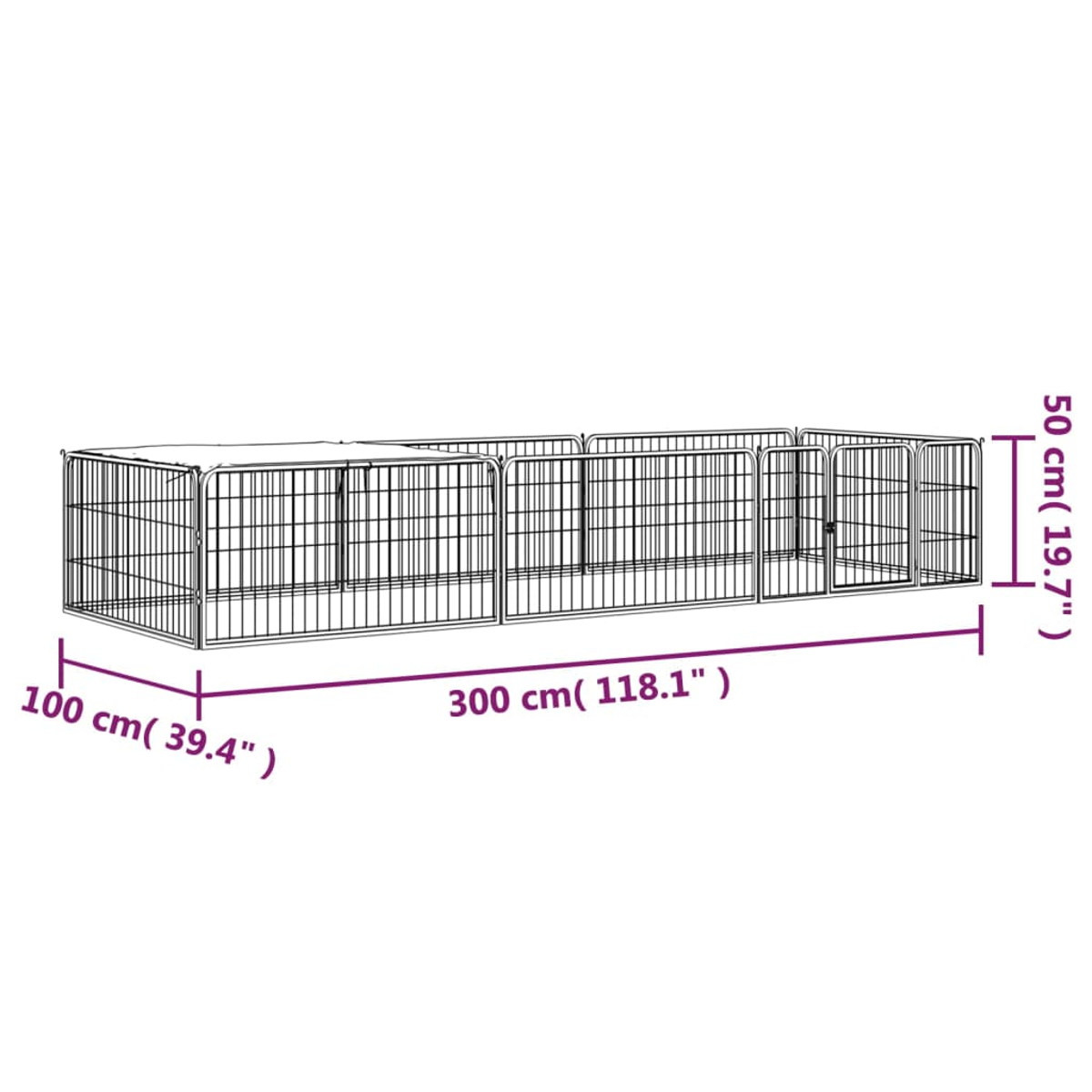 Ein schwarzes Metall-Haustiergehege mit Maßangaben. Es ist rechteckig, mit einer Tür. Es ist 300 cm (118,1 Zoll) lang und 50 cm (19,7 Zoll) hoch.