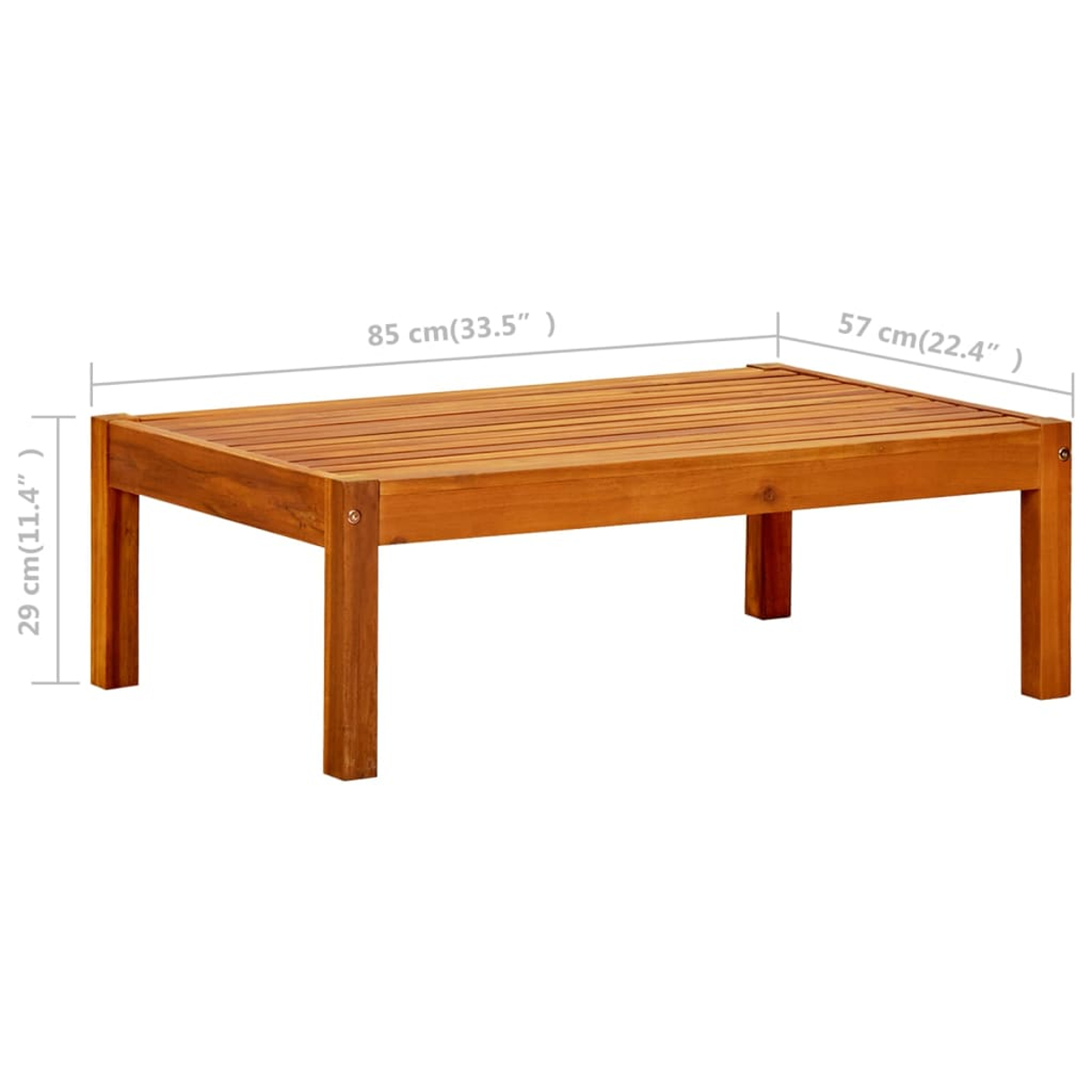 Ein rechteckiger Couchtisch aus Holz mit Maßen: 85 cm lang, 57 cm breit und 29 cm hoch. Er hat eine Lattenoberfläche.