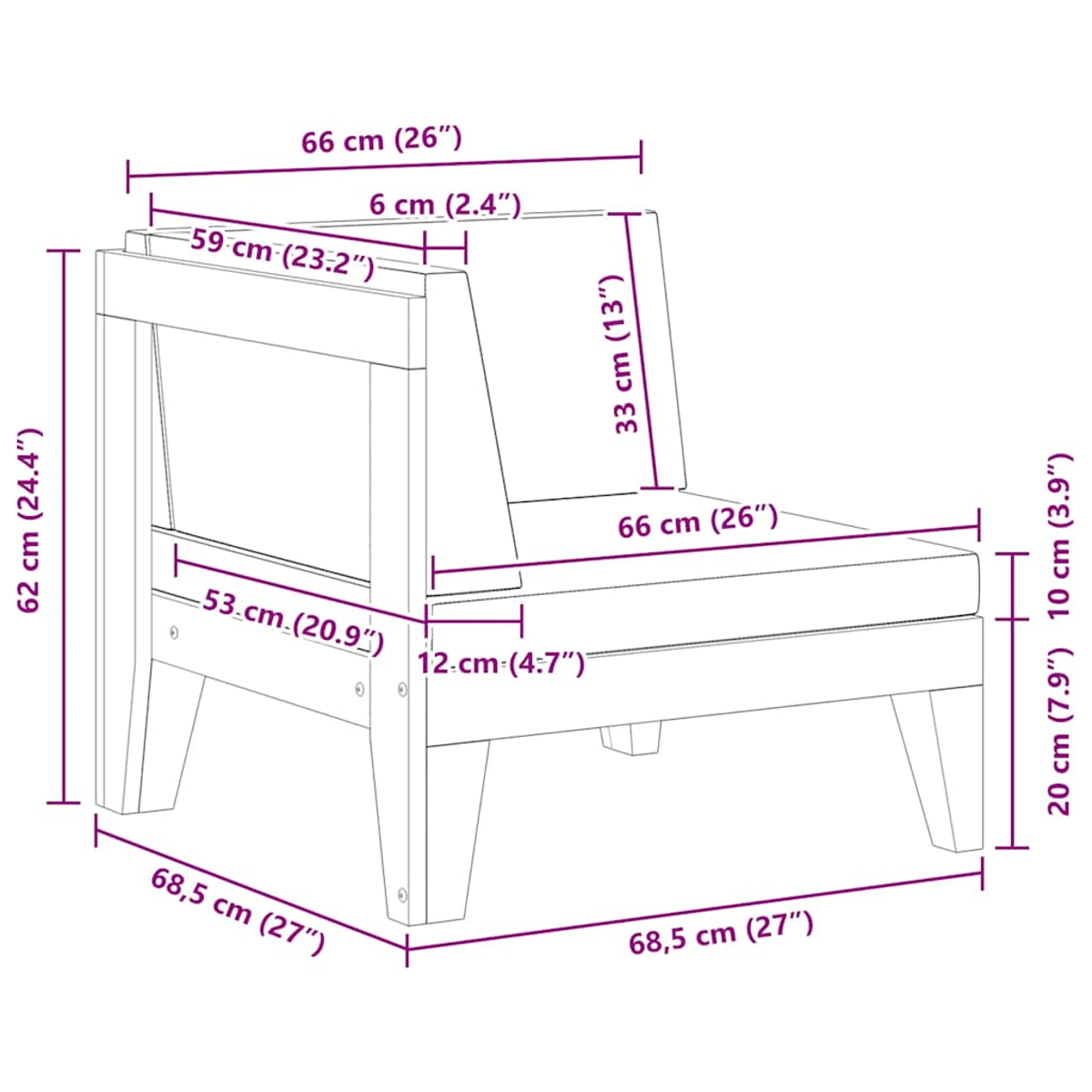 Ein Diagramm eines Holzsessels mit Maßangaben in cm und Zoll, einschließlich Höhen-, Breiten- und Tiefenmessungen.