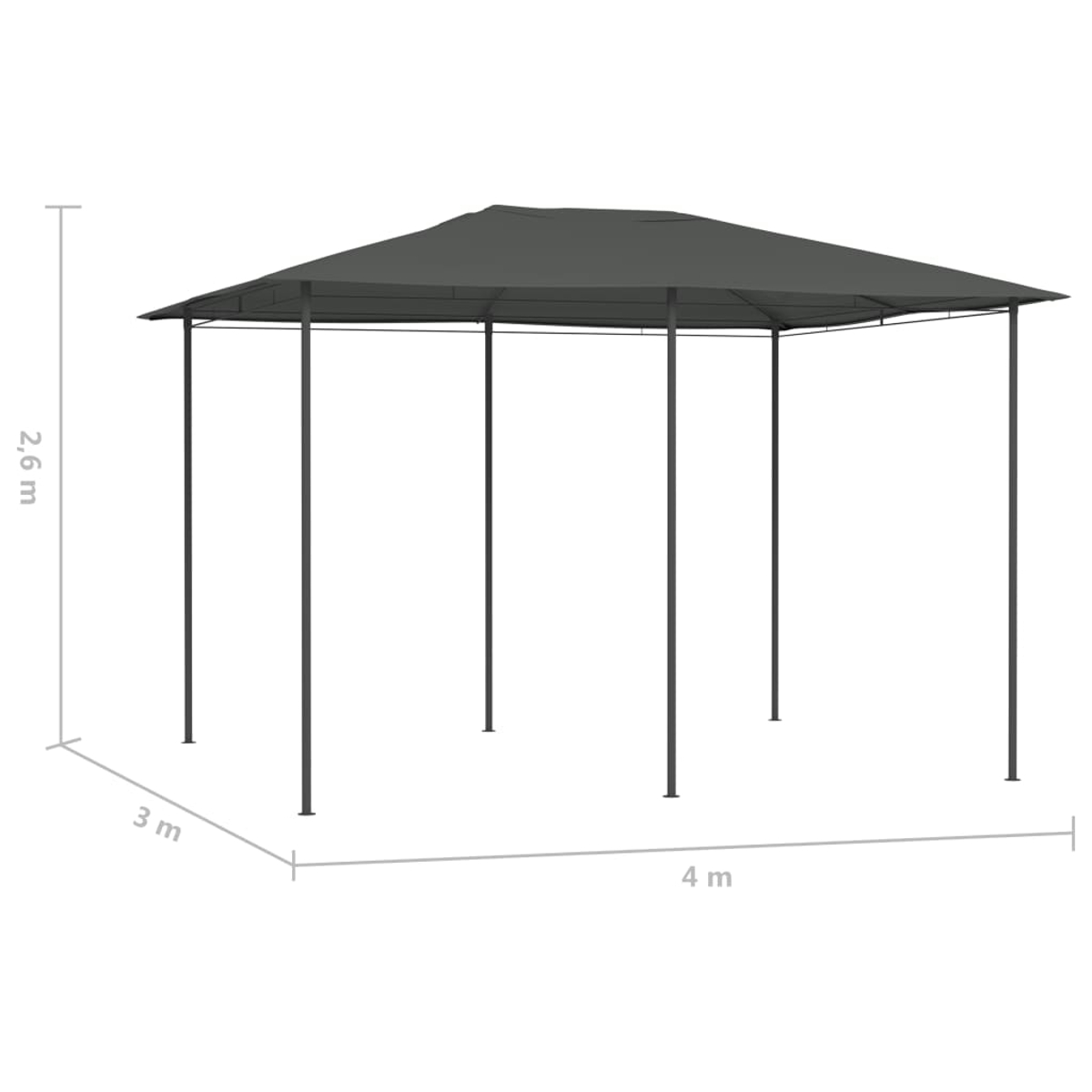 Ein dunkelgrauer Pavillon mit quadratischem Dach, getragen von sechs vertikalen Pfosten. Abmessungen: 2,6 m Höhe, 3 m Breite, 4 m Länge.