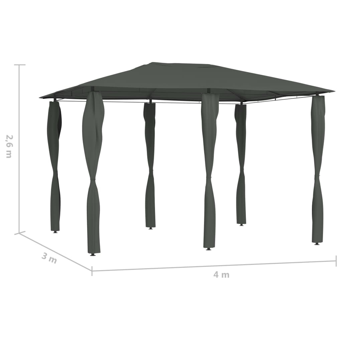 Ein grauer Pavillon mit Vorhängen, Maße 3x4x2,6 Meter, vor weißem Hintergrund. Die Vorhänge hängen.