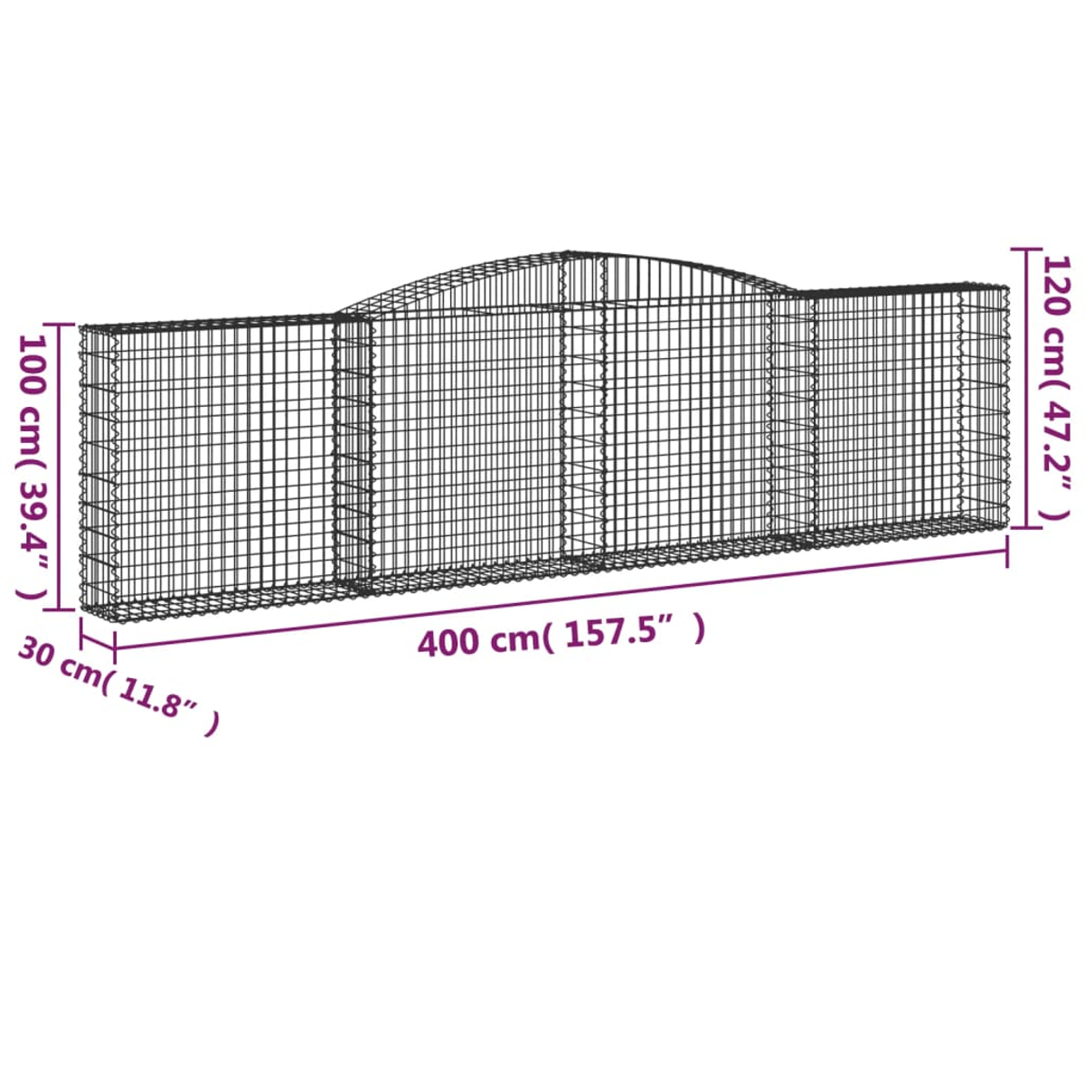 Ein schwarzes Metallgitter mit den angegebenen Abmessungen: 400 cm lang, 120 cm hoch und 30 cm breit. Maße auch in Zoll.