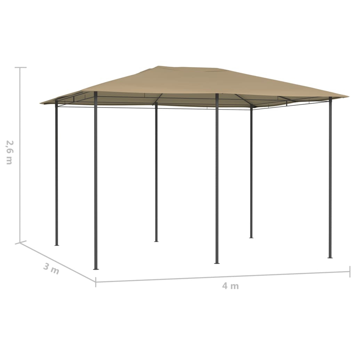 Ein beigefarbener Pavillon mit rechteckigem Dach und dunkelgrauen Pfosten. Die Abmessungen sind 3x4 Meter und 2,6 Meter hoch.