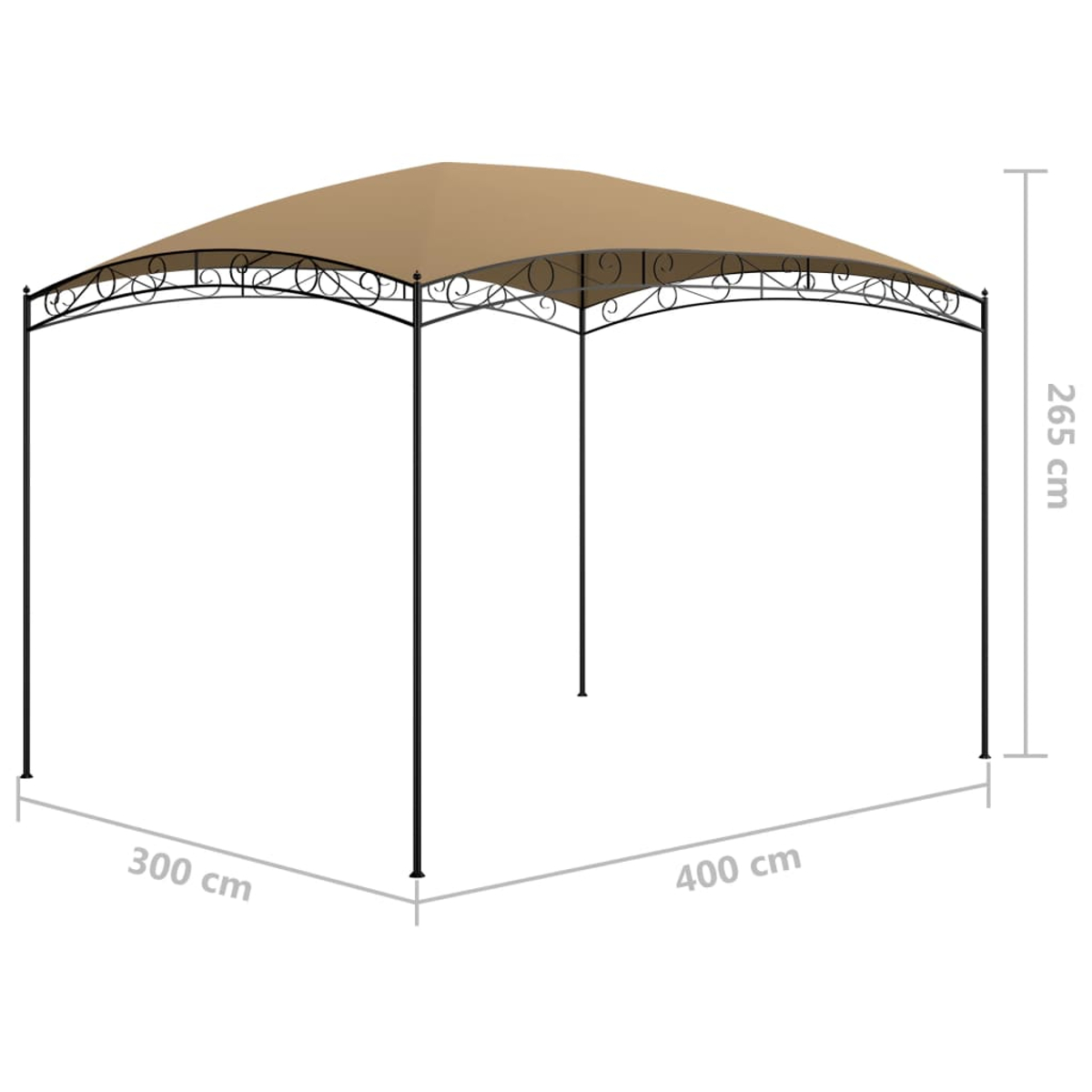 Beige Pavillon mit schwarzem Metallrahmen. Abmessungen sind 300x400x265 cm. Dekorative Details am Rahmen.