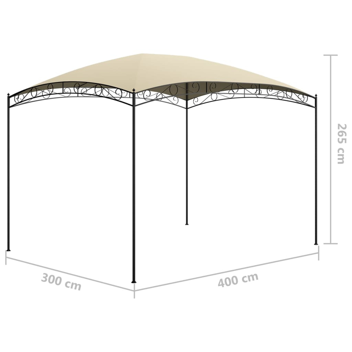 Ein beigefarbener Pavillon mit schwarzem Metallrahmen. Die Abmessungen sind 400x300x265 cm. Das Dach hat dekorative Wirbel.