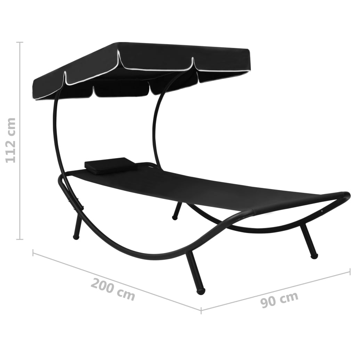 Eine schwarze Outdoor-Liege mit Baldachin, weißer Einfassung und Kissen. Maße: 200 cm lang, 90 cm breit und 112 cm hoch.