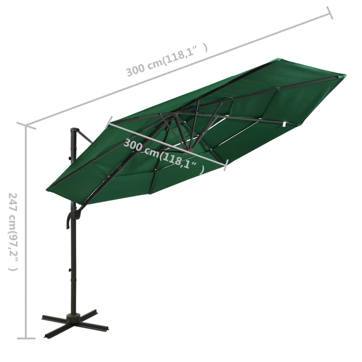 Ein grüner Ausleger-Sonnenschirm wird gezeigt. Die Maße sind angegeben: 300 cm (118,1") breit, 300 cm (118,1") lang und 247 cm (97,2") hoch.