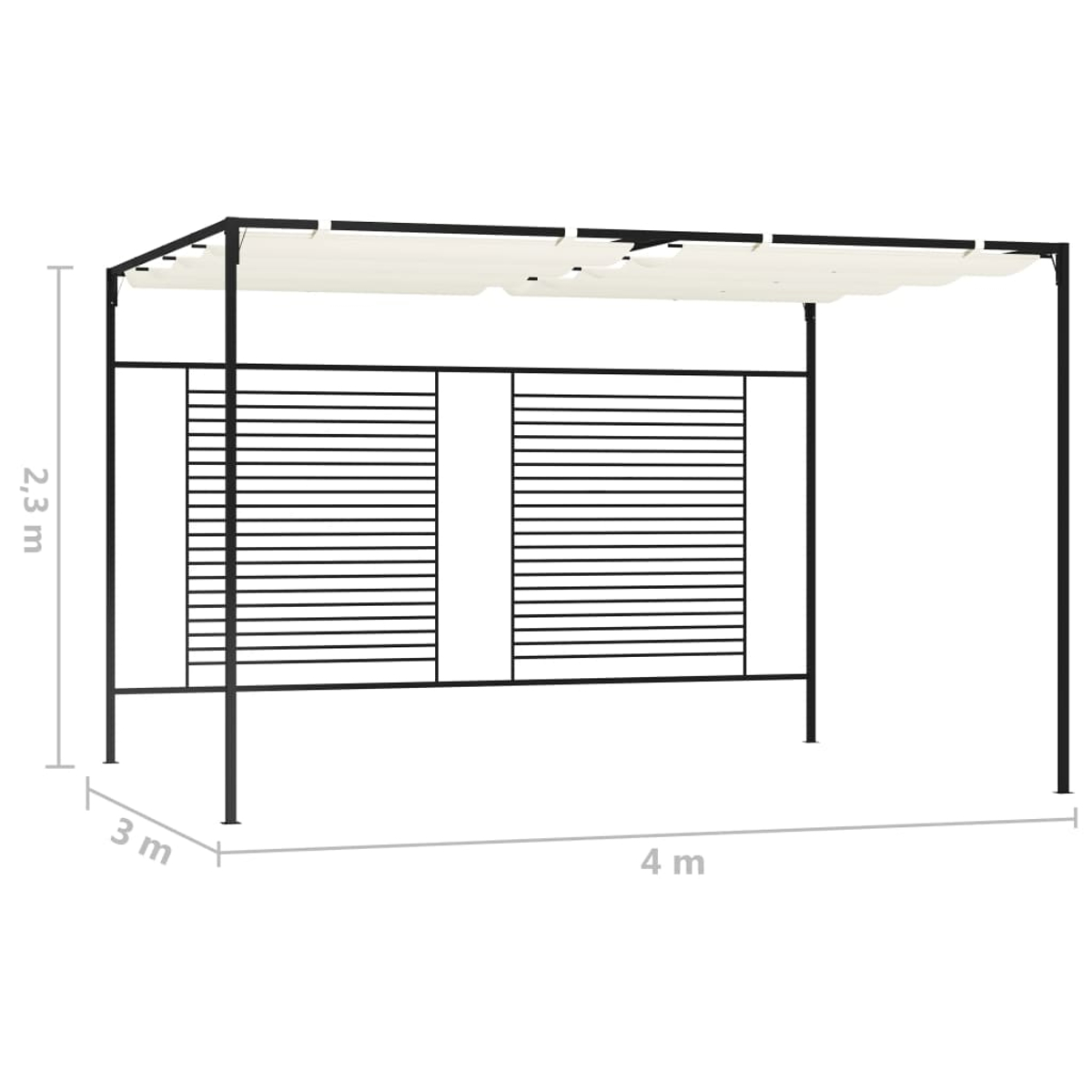 Ein schwarzes Metallpavillon-Gestell mit beigem Baldachin. Es hat eine Lamellenrückseite und Seitenteile. Abmessungen: 4 m lang, 3 m breit, 2,3 m hoch.