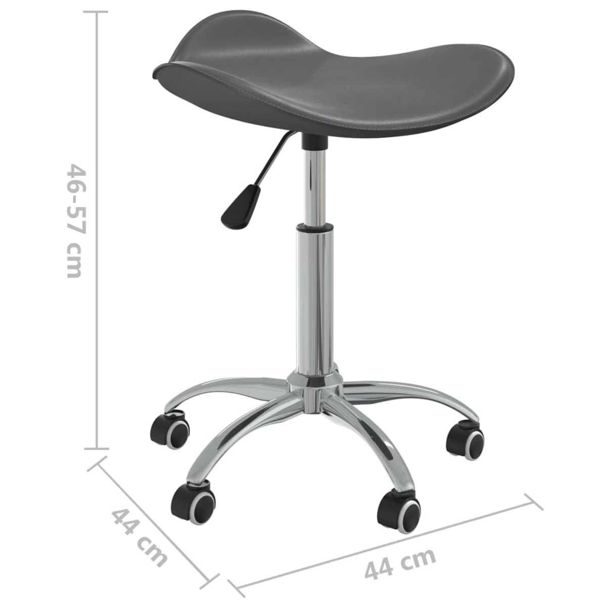 Ein grauer, verstellbarer Hocker mit geschwungenem Sitz und verchromtem Gestell. Er hat fünf Räder und einen Hebel. Maße werden angezeigt.