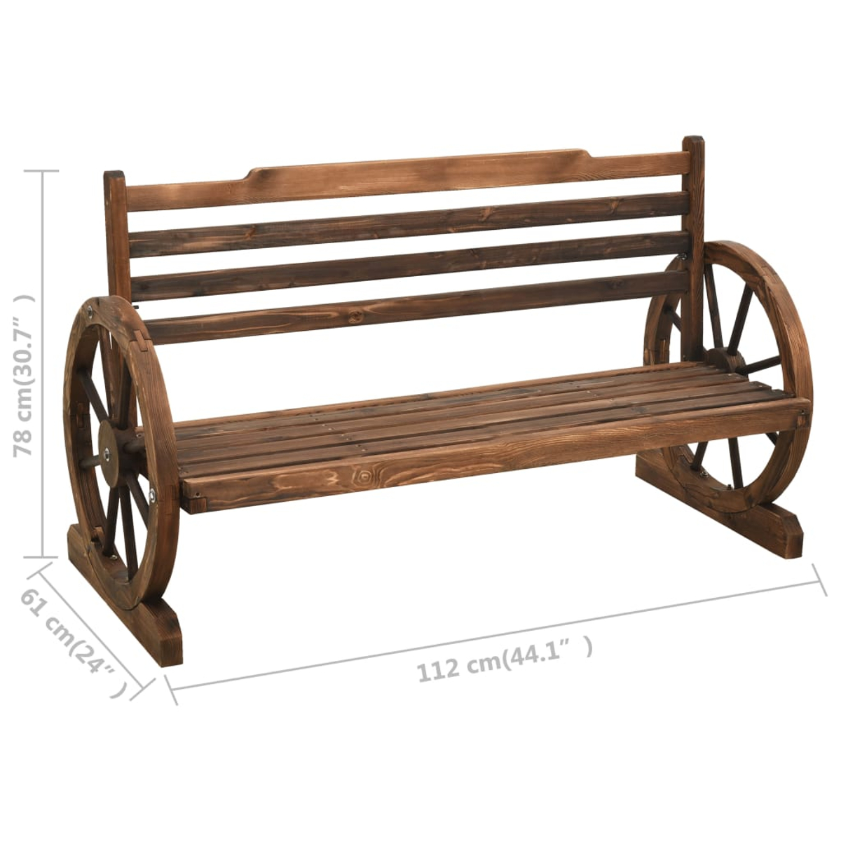 Eine Holzbank mit Rückenlehne und Sitzfläche. Die Seiten sind Wagenräder. Abmessungen 78cm x 61cm x 112cm. Braune Farbe.