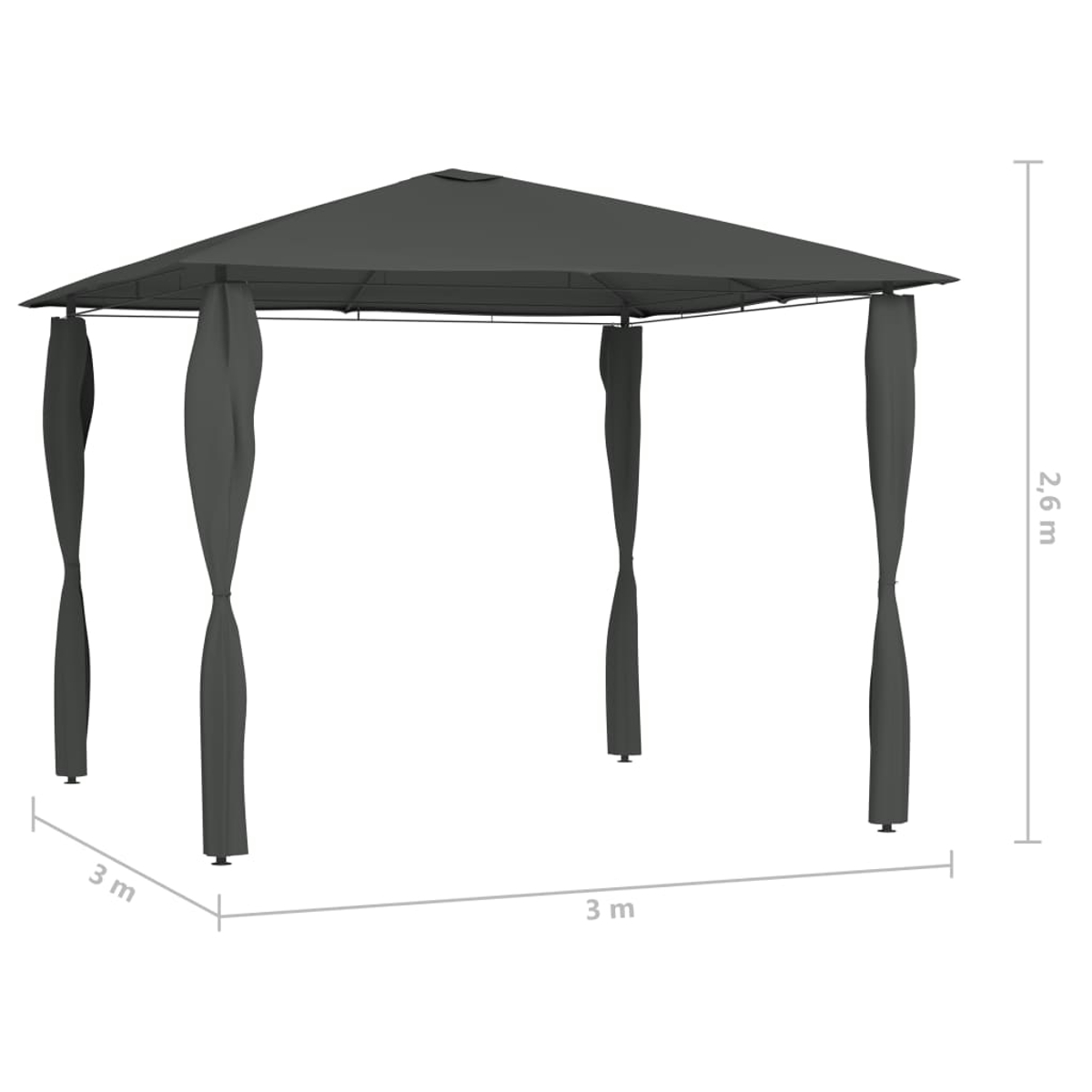 Ein grauer Pavillon mit Vorhängen, 3m x 3m Grundfläche und 2,6m Höhe. Abmessungen sind angegeben. Dunkles Stoffdach und Vorhänge.