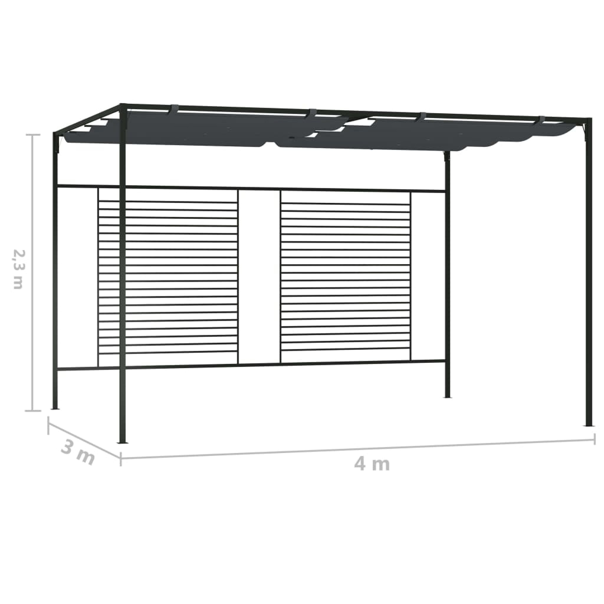 Ein schwarzer Metallpavillon. Er hat einen rechteckigen Rahmen mit einem Stoffdach. Die Struktur ist 4 m lang, 3 m breit und 2,3 m hoch.