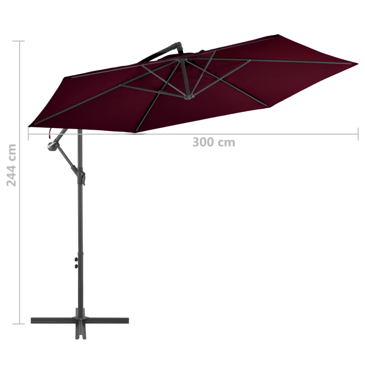 Ein weinroter Ausleger-Sonnenschirm. Er ist 300 cm breit und 244 cm hoch. Der Ständer ist schwarz.