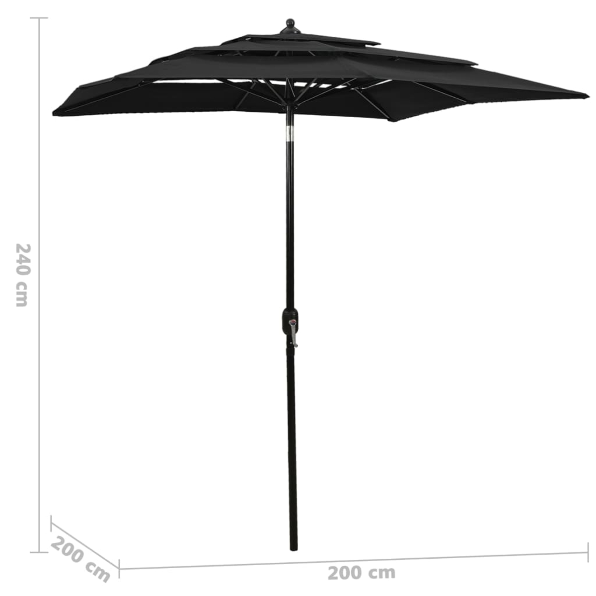 Ein schwarzer Sonnenschirm, 240 cm hoch und 200 cm breit. Der Schirm hat mehrere Ebenen. Der Pfahl ist schwarz und zentriert.