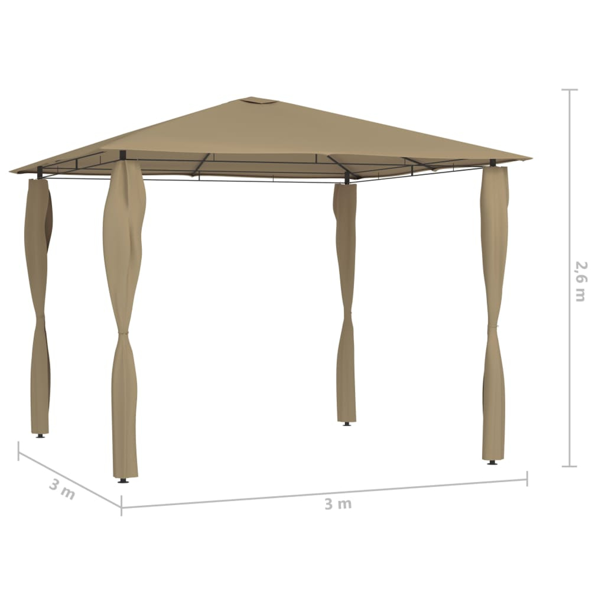 Ein beigefarbener Pavillon mit Vorhängen. Er hat ein quadratisches Dach, und die Abmessungen sind 3m x 3m x 2,6m.