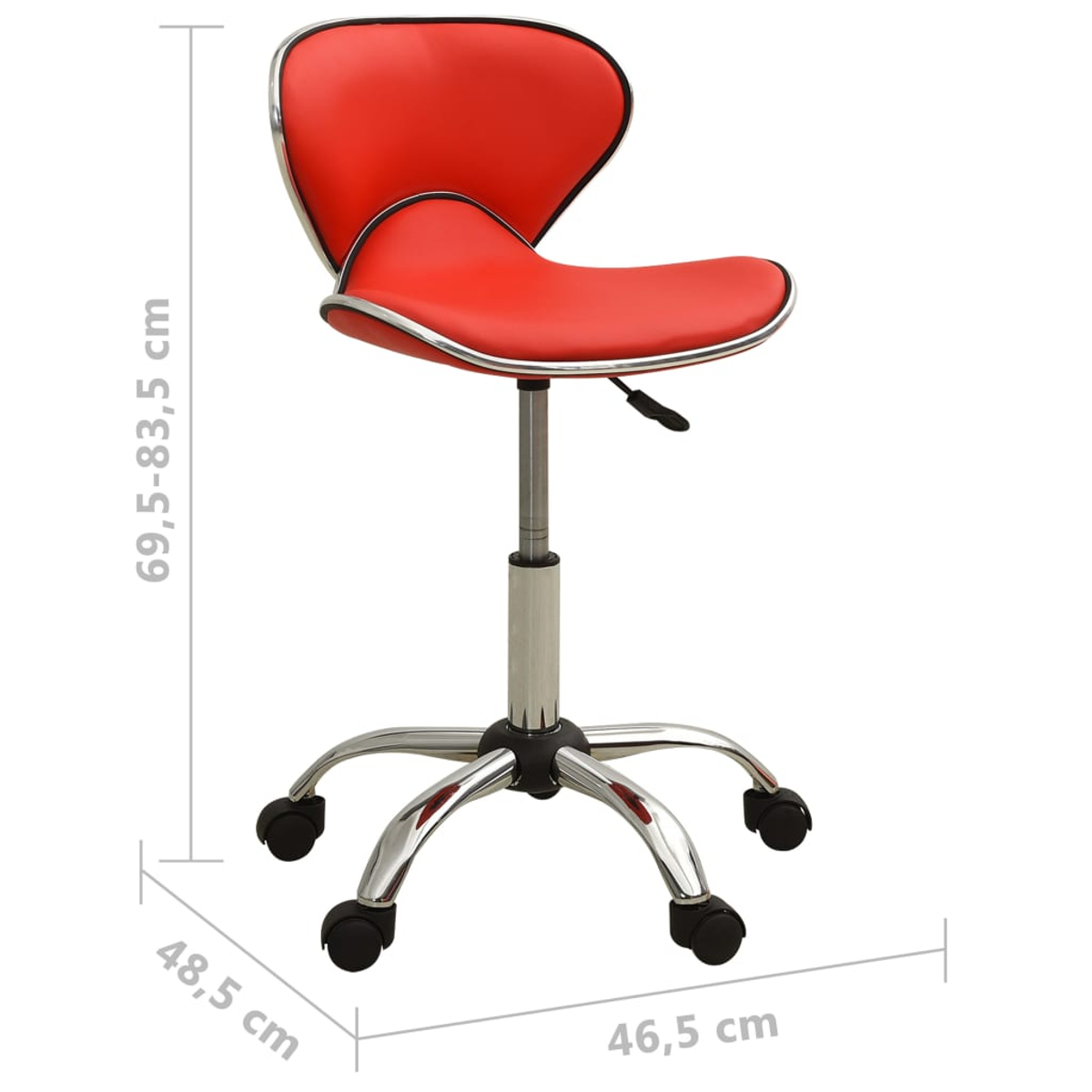 Silla giratoria roja y plateada con dimensiones indicadas. Cuenta con asiento y respaldo rojos, estructura cromada y ruedas.