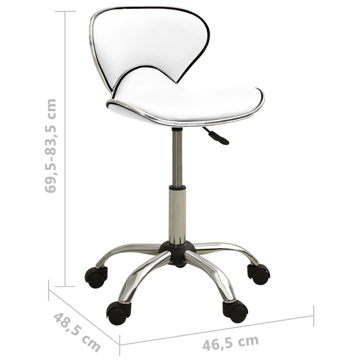Ein weißer, moderner Bürostuhl. Er hat ein Chromgestell mit Rollen und eine weiße Sitzfläche und Rückenlehne. Abmessungen sind angegeben.