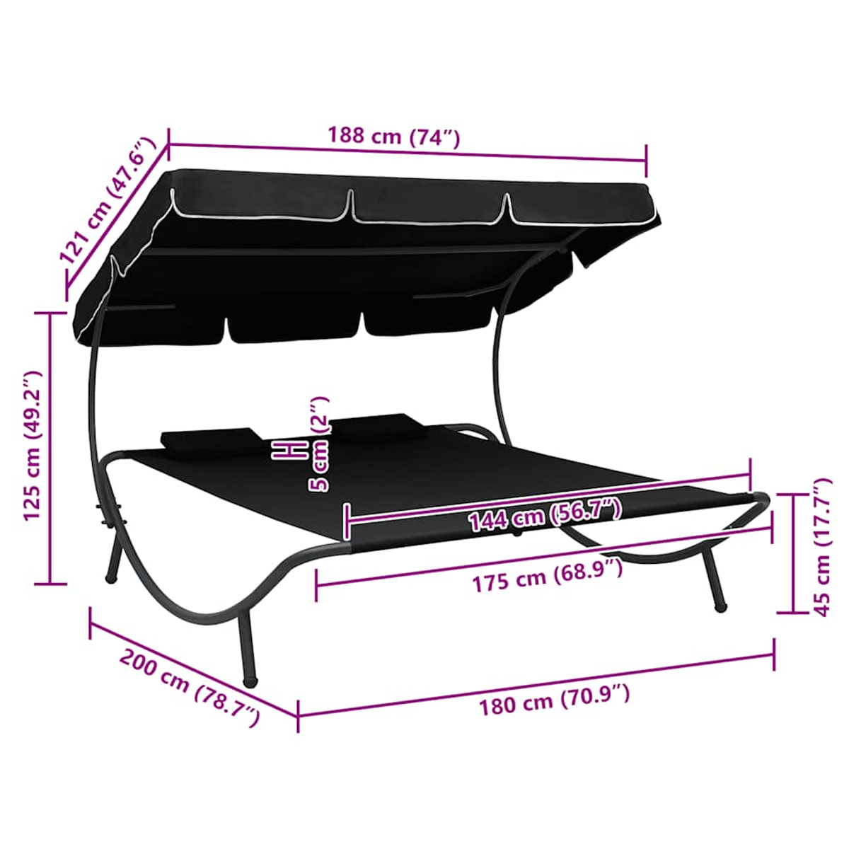 Ein schwarzes Outdoor-Schaukelbett mit weißer Umrandung, Maße in cm und Zoll angegeben. Es hat ein Verdeck und gebogene Beine.