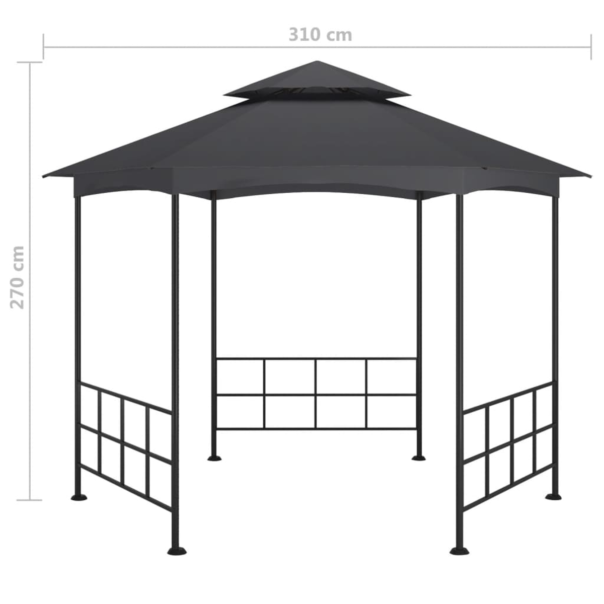 Ein dunkelgrauer Pavillon mit mehrstufigem Dach und schwarzem Metallrahmen. Die Abmessungen sind 310 cm breit und 270 cm hoch.