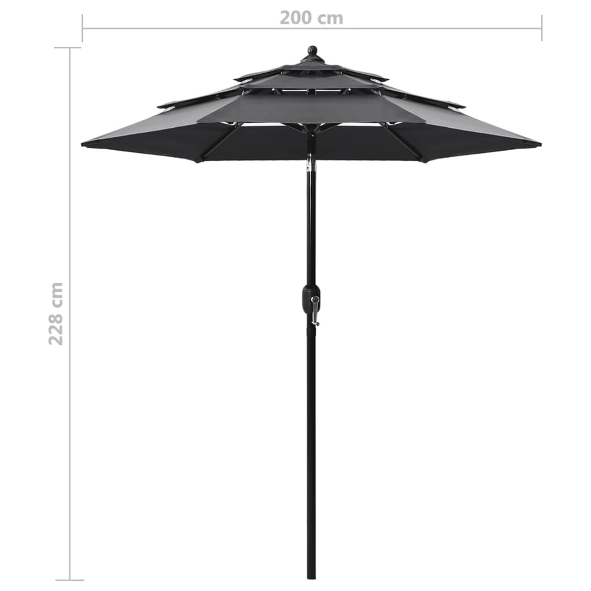 Ein schwarzer Outdoor-Sonnenschirm mit mehreren Ebenen wird vor einem weißen Hintergrund gezeigt. Maße von Höhe und Breite sind angegeben.