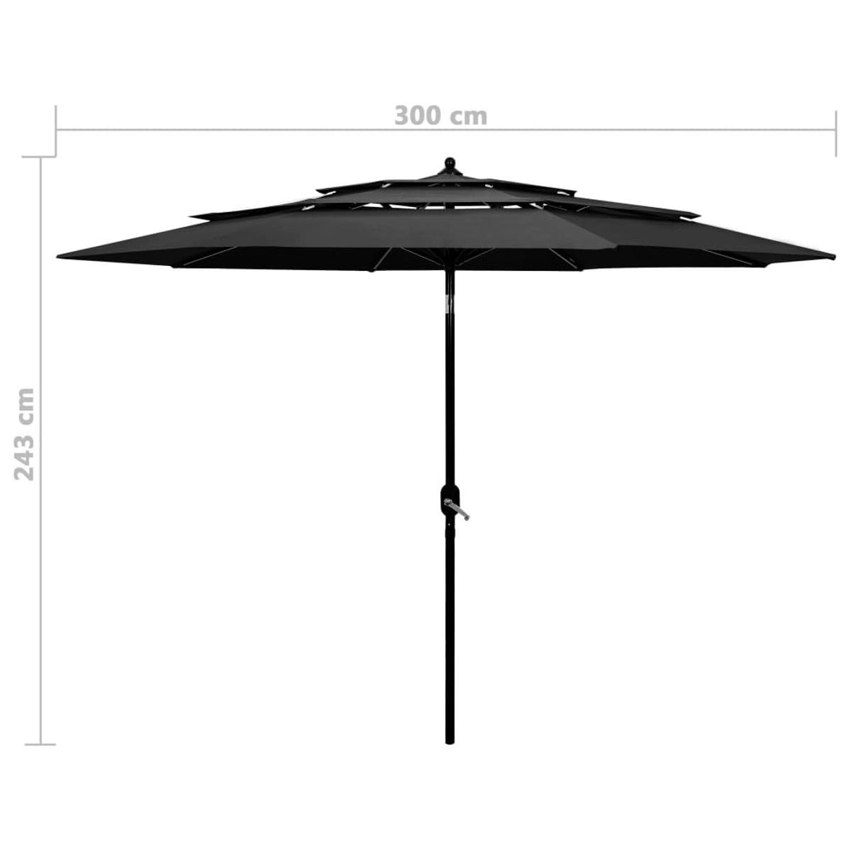Ein schwarzer, mehrstufiger Sonnenschirm steht vor einem weißen Hintergrund. Abmessungen: 300 cm breit, 243 cm hoch.