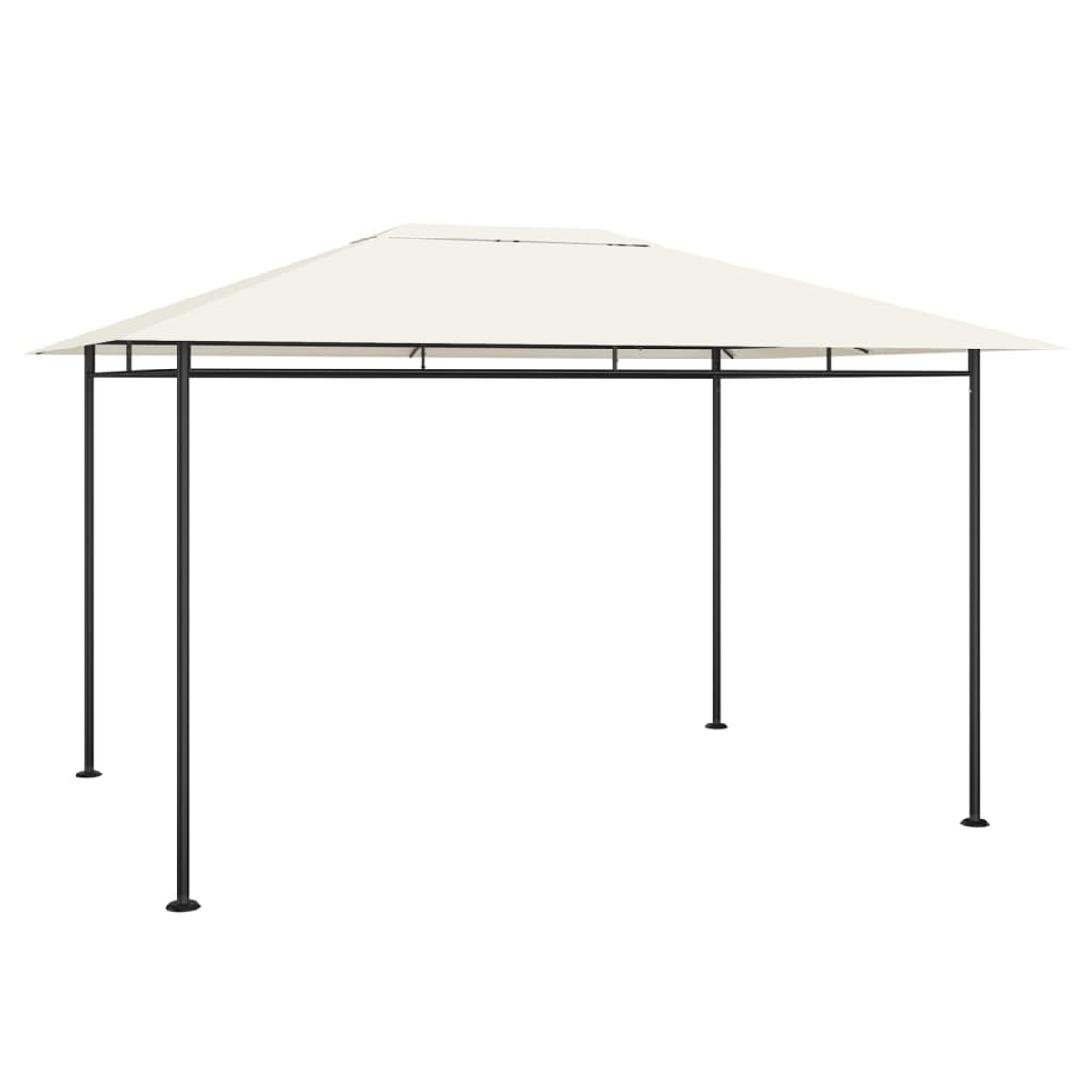 Ein weißer Pavillon mit schwarzem Metallrahmen. Er hat ein Spitzdach und vier Stützbeine auf weißem Hintergrund.