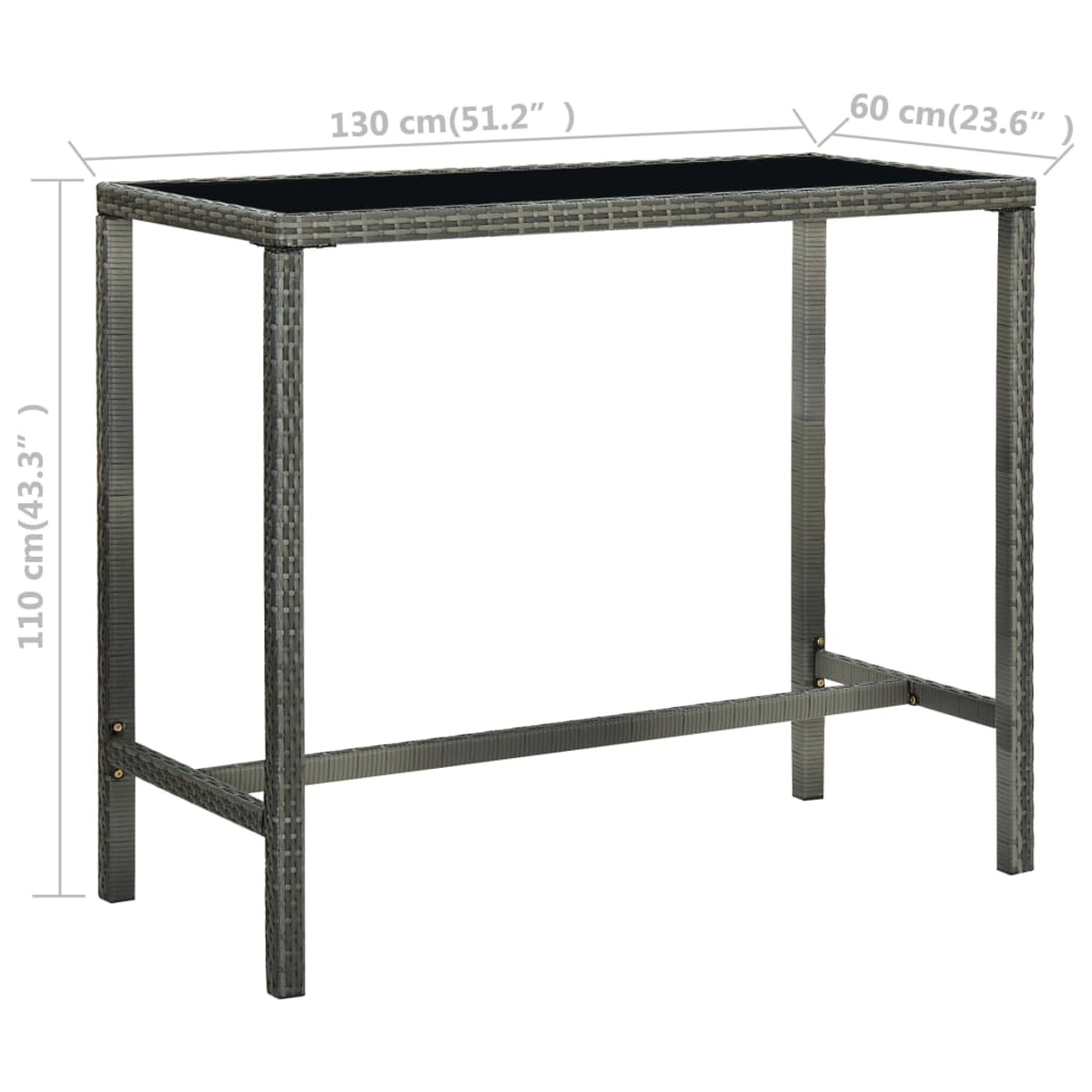 Ein grauer rechteckiger Bartisch. Er hat eine schwarze Platte und gewebte Beine. Abmessungen: 130cm x 60cm x 110cm.