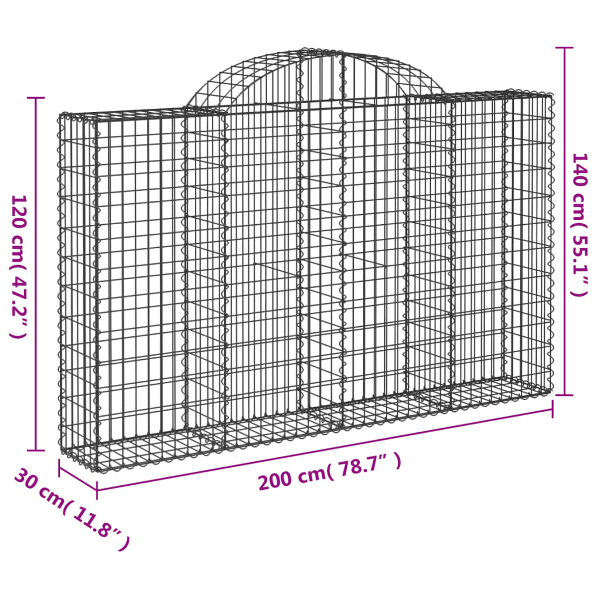 Ein Metall-Gabionenkorb. Die Abmessungen sind angegeben: 200x140x30 cm. Die Oberseite hat eine Bogenform.
