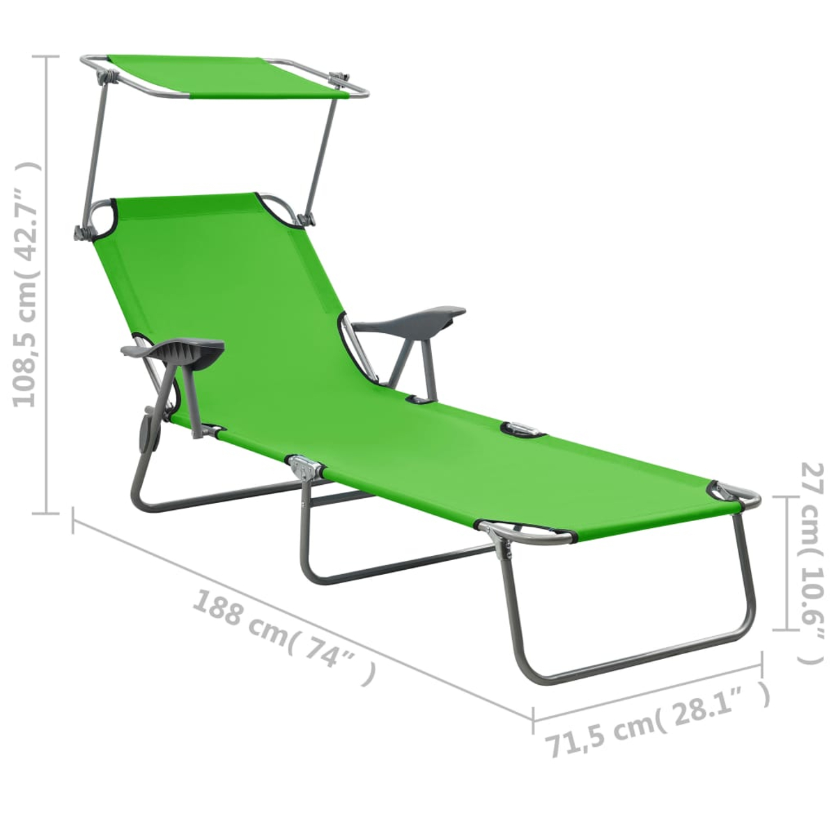 Grüner, zusammenklappbarer Strandstuhl mit Sonnenschirm. Der Stuhl besteht aus Metall und Stoff. Abmessungen sind daneben angezeigt.